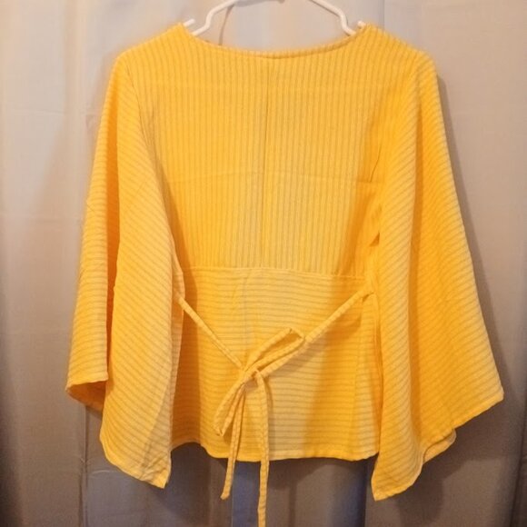 Nwt V-neck Empire waist Blouse women P Sunny Yellow White Long bell sleeve top - Picture 5 of 7